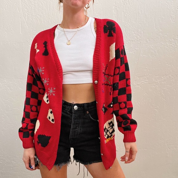 Vintage Queen of Heart Red Funky Game Night Cardigan Sweater - Picture 5 of 5